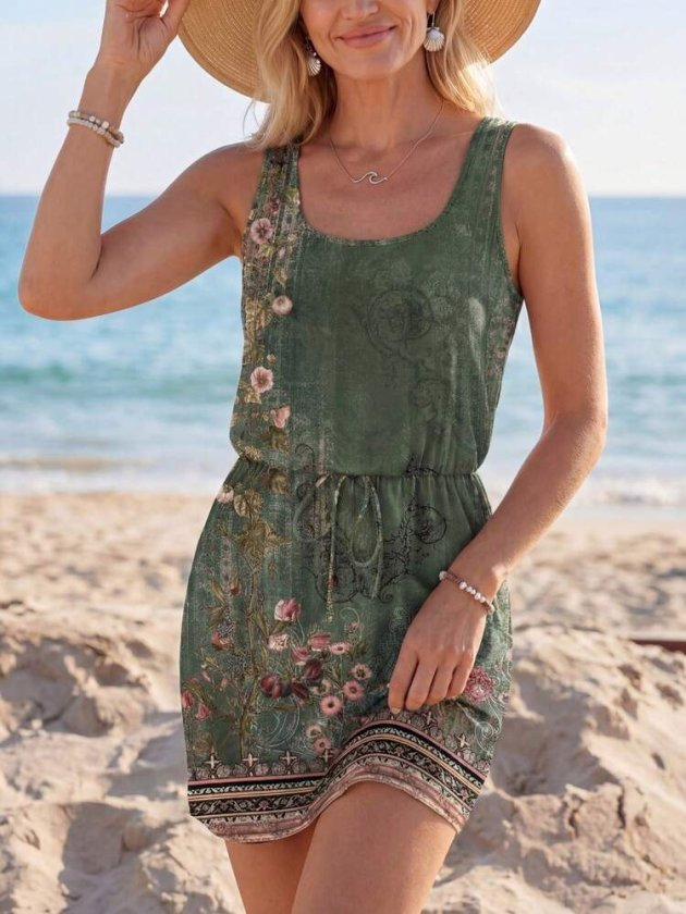 Kadın Askılı Yuvarlak Yakalı Beli Kusaklı çiçek Desenli Kısa Süprem Elbise, 32850