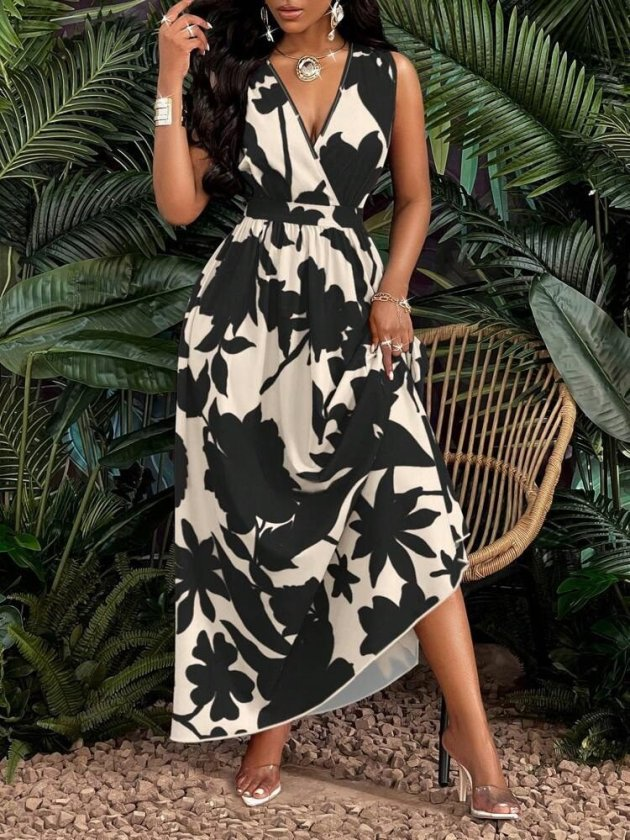 Kadın Askılı Kruvaze Yakalı çiçek Desenli Uzun Süprem Elbise, 32858