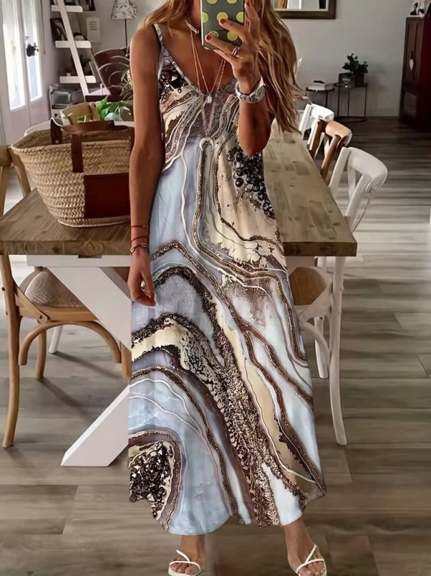 Kadın Askılı V Yakalı Desenlı Uzun Süprem Elbise, 32886