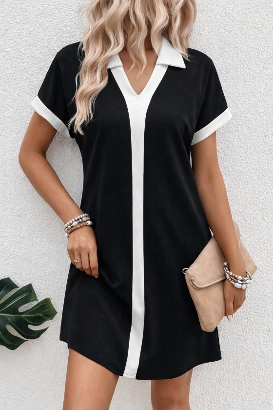 Kadın Kısa Kollu V Yakalı Onden şerit Detaylı Yakalı Kısa Janjan Krep Elbise, 32933