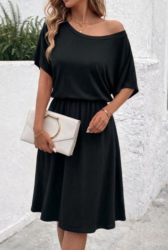 Kadın Kısa Kollu Omuzdan Açık Kiloş Midi Viskon Elbise, 32973