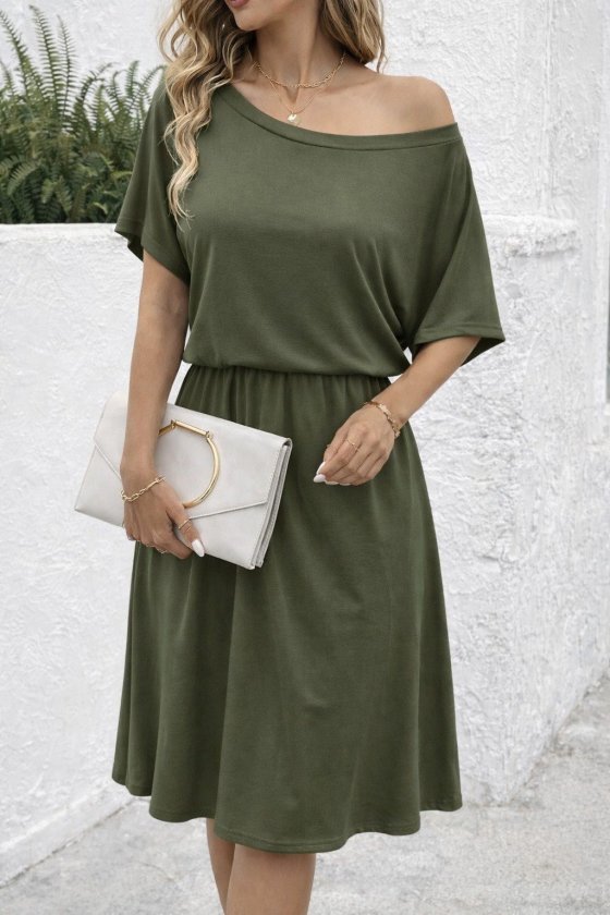 Kadın Kısa Kollu Omuzdan Açık Kiloş Midi Viskon Elbise, 32975