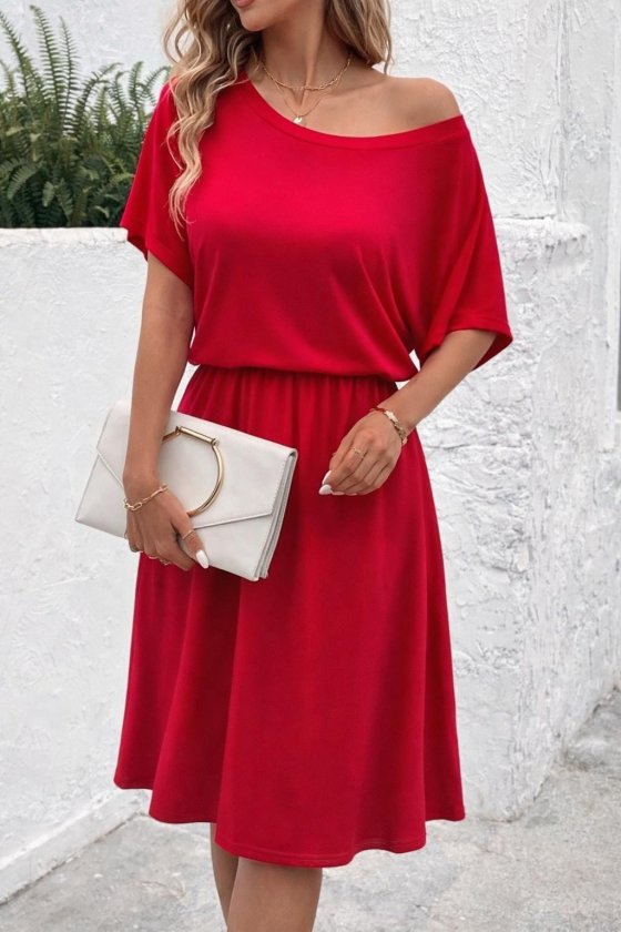 Kadın Kısa Kollu Omuzdan Açık Kiloş Midi Viskon Elbise, 32976