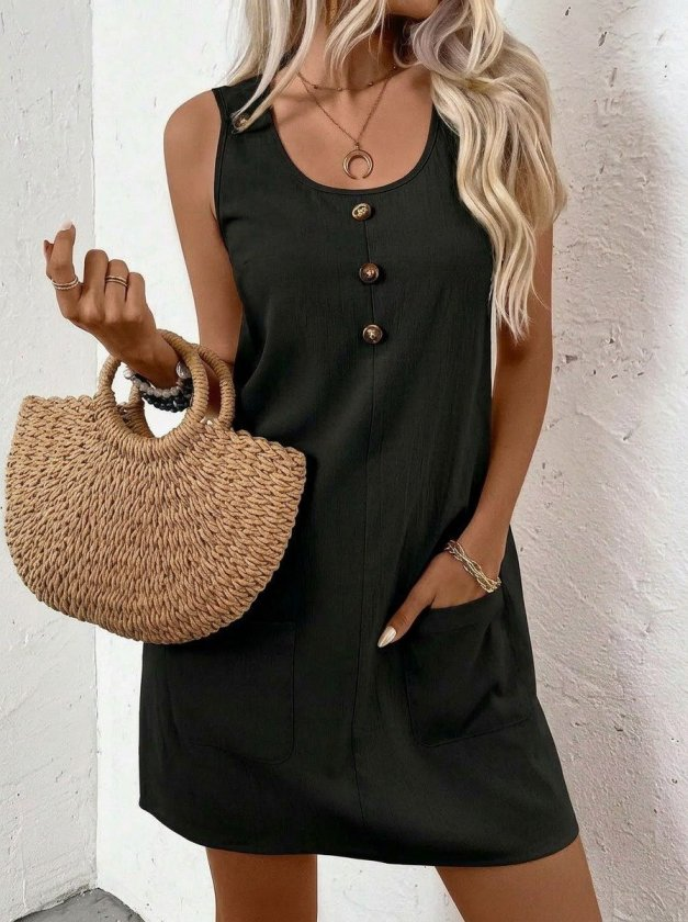 Kadın Askılı Yuvarlak Yakalı önden Düğmeli Cep Detaylı Kısa Elbise, 32982