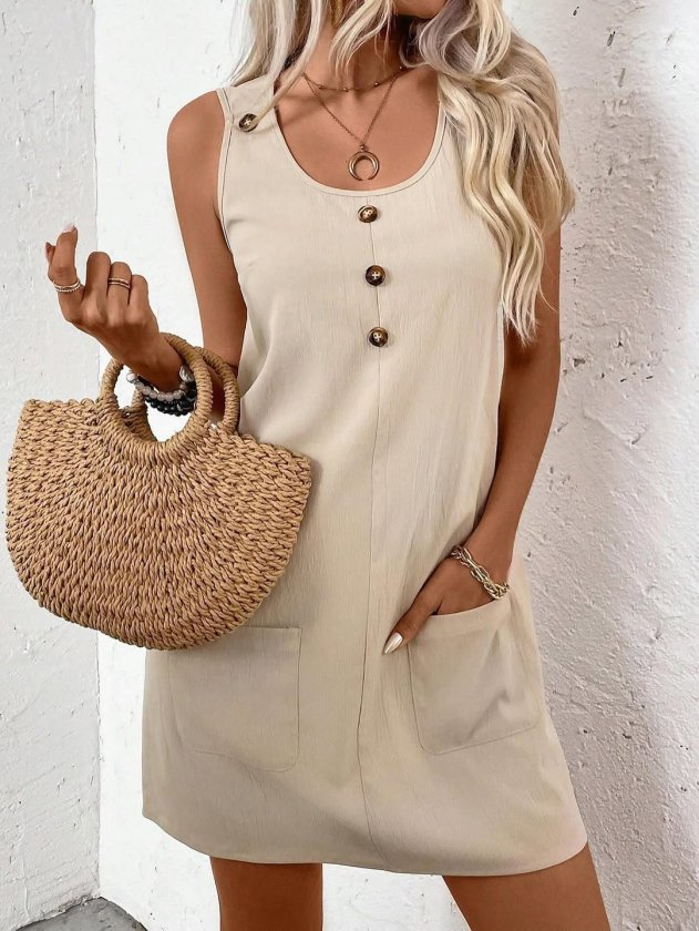 Kadın Askılı Yuvarlak Yakalı önden Düğmeli Cep Detaylı Kısa Elbise, 32984