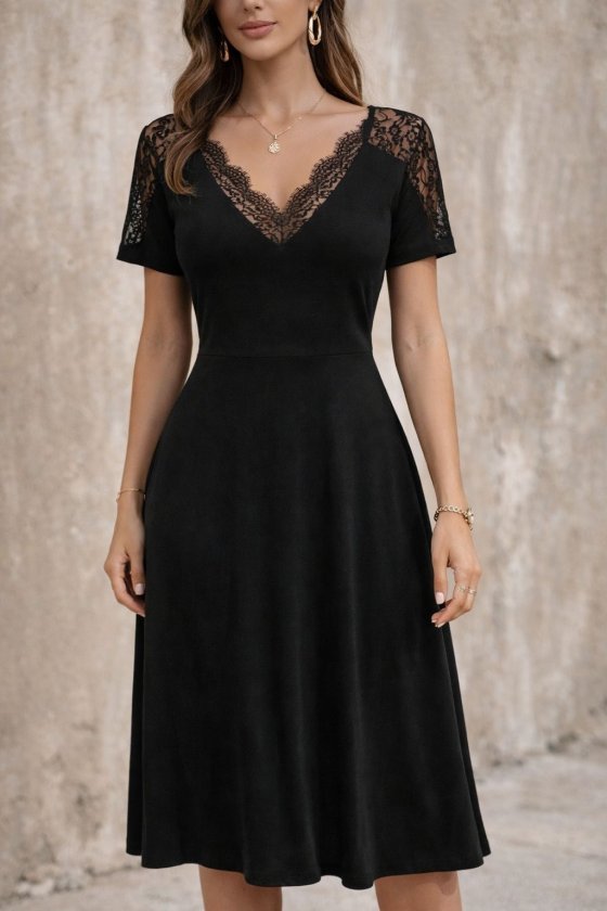 Kadın Kısa Kollu V Dantel Yakalı Midi Viskon Elbise , 32994