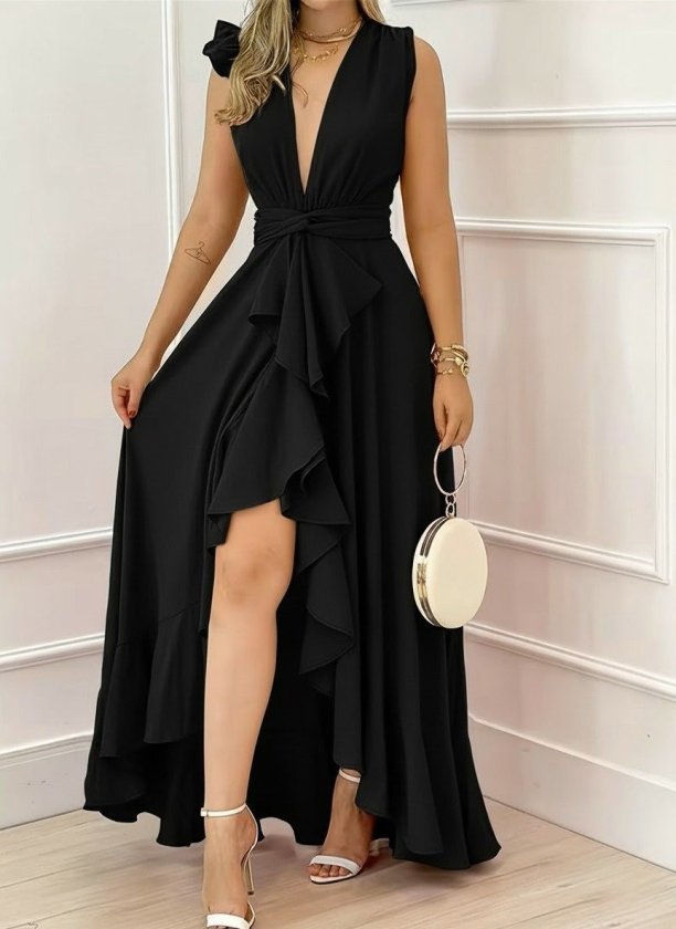 Kadın Askılı Kruvaze Yakalı önü Volanlı Uzun Krep Elbise, 33013