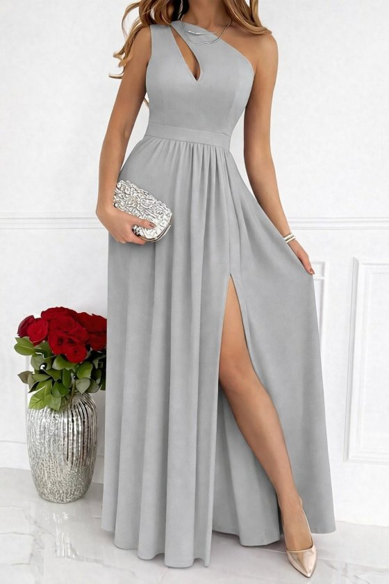 Kadın Omuzlardan Açık Asimetrik Yaka Detaylı Yırtmaçlı Maksi Boy Janjan Krep Elbise, 33027