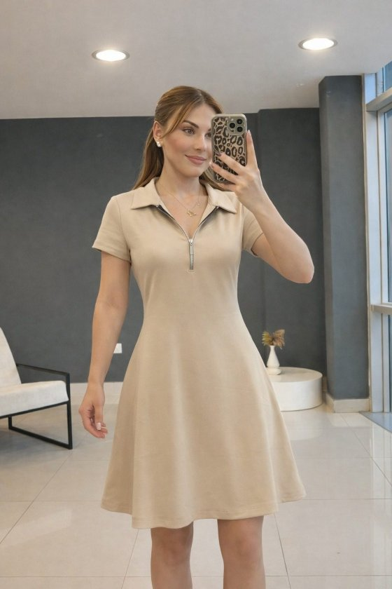 Kadın Kısa Kollu Yakası Fermuarlı Kısa Viskon Iki Iplik Elbise , 33040