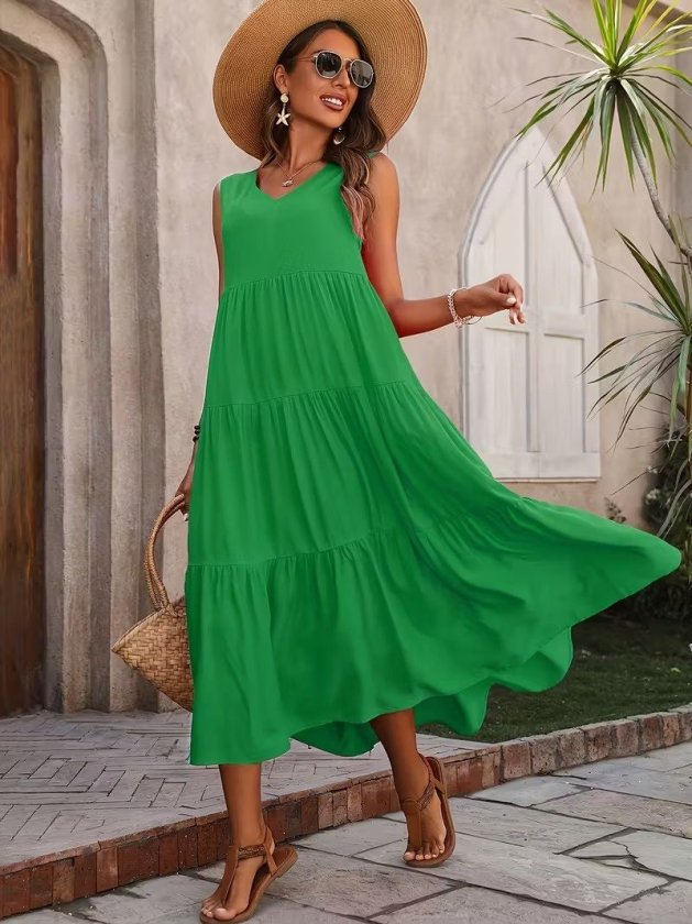 Kadın Askılı V Yakalı Uzun Dokuma Viskon Elbise , 33044