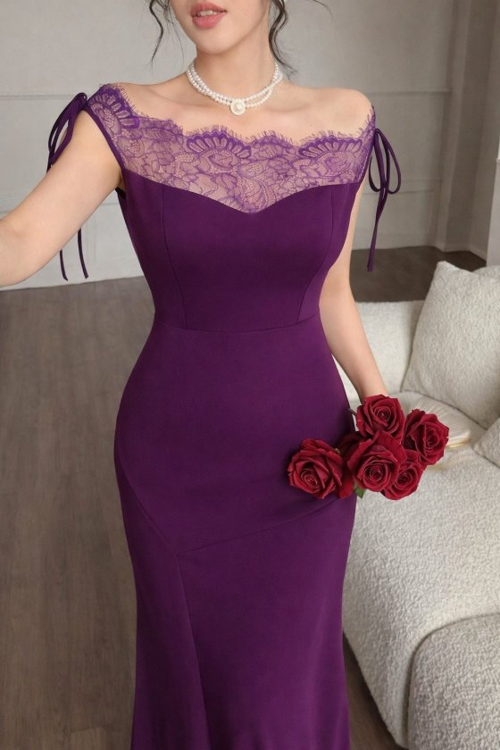 Kadın Göğüs Ve Yakası Dantel Detaylı Kayık Yaka Görünümlü Uzun Ithal Krep Elbise , 33064