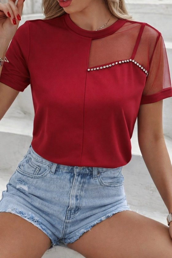 Kadın Kısa Kollu Tül Detaylı Taşlı Janjan Krep Bluz, 33089