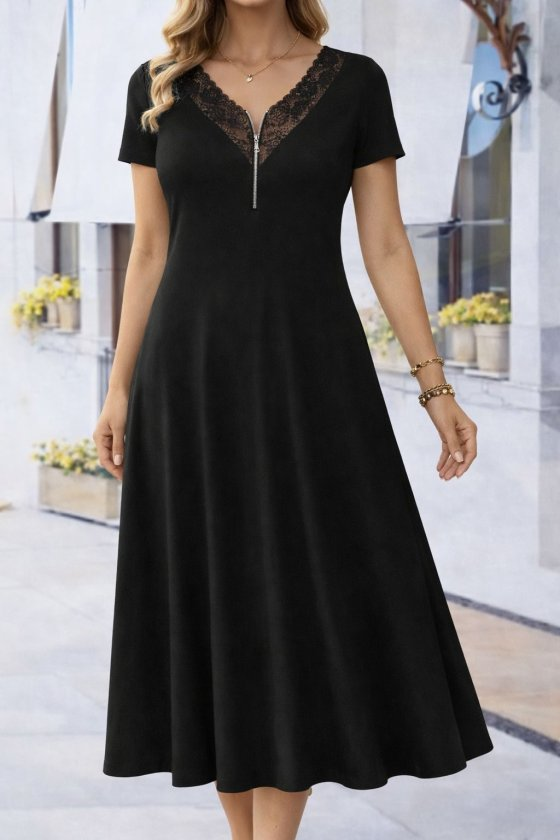 Kadın Kısa Kollu Dantel V Fermuar Yakalı  Uzun Viskon Elbise , 33110