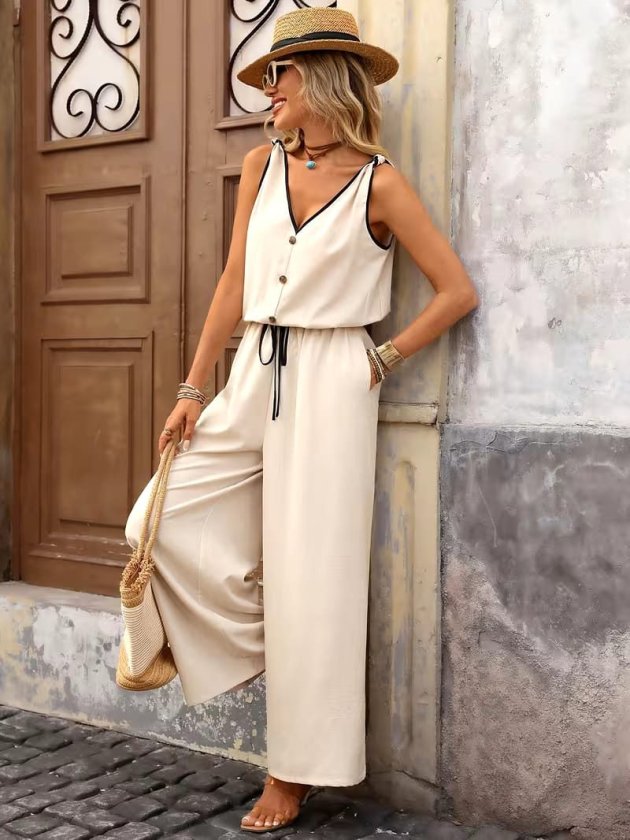 Kadın Askıdan Bağlamalı V Yakalı Belden Sus Bağcıklı Tulum , 33111