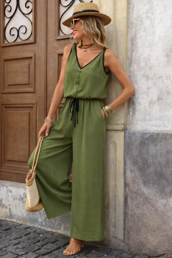 Kadın Askıdan Bağlamalı V Yakalı Belden Sus Bağcıklı Tulum , 33114