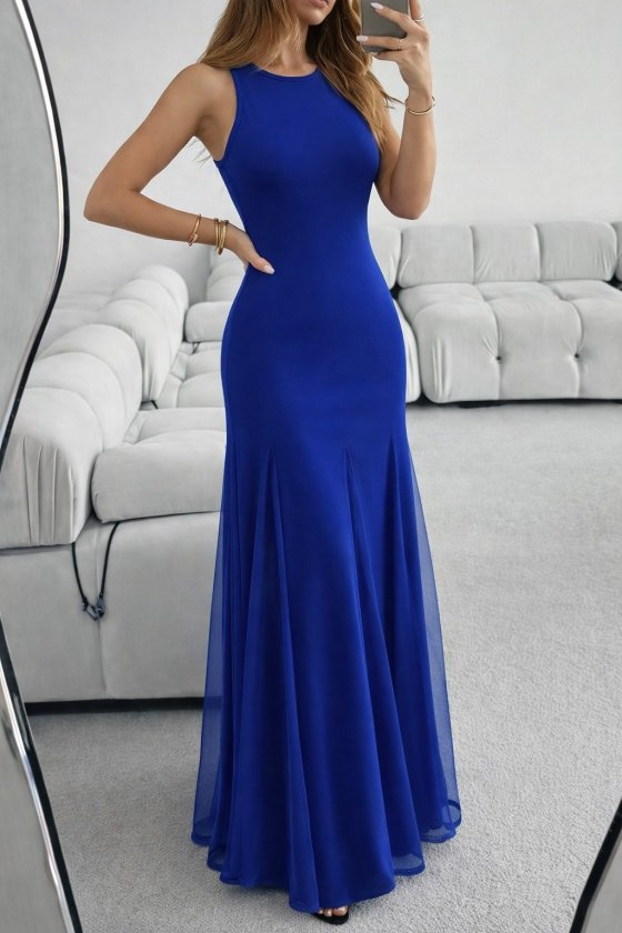 Kadın Askılı Bisiklet Yaka Etek Ucu Tül Detaylı Asimetrik Kiloş Uzun Ithal Krep Elbise , 33176