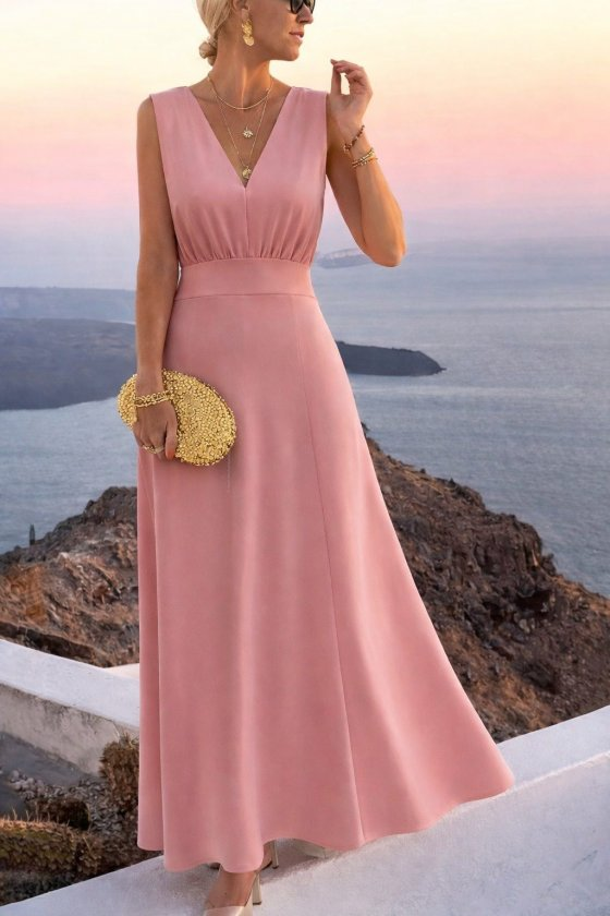 Kadın Askılı V Yakalı Bel Korsaj Detaylı Uzun Ithal Krep Elbise , 33191