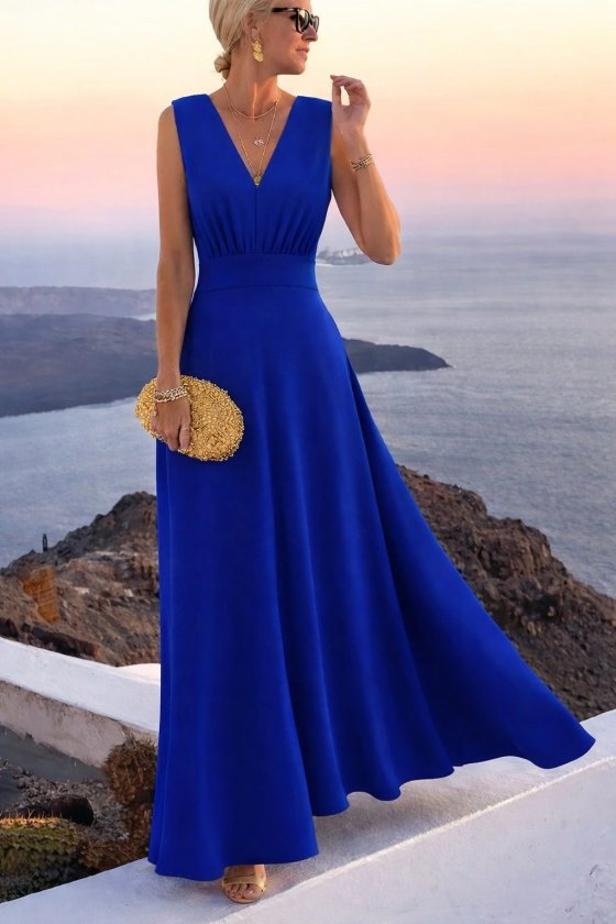 Kadın Askılı V Yakalı Bel Korsaj Detaylı Uzun Ithal Krep Elbise , 33192