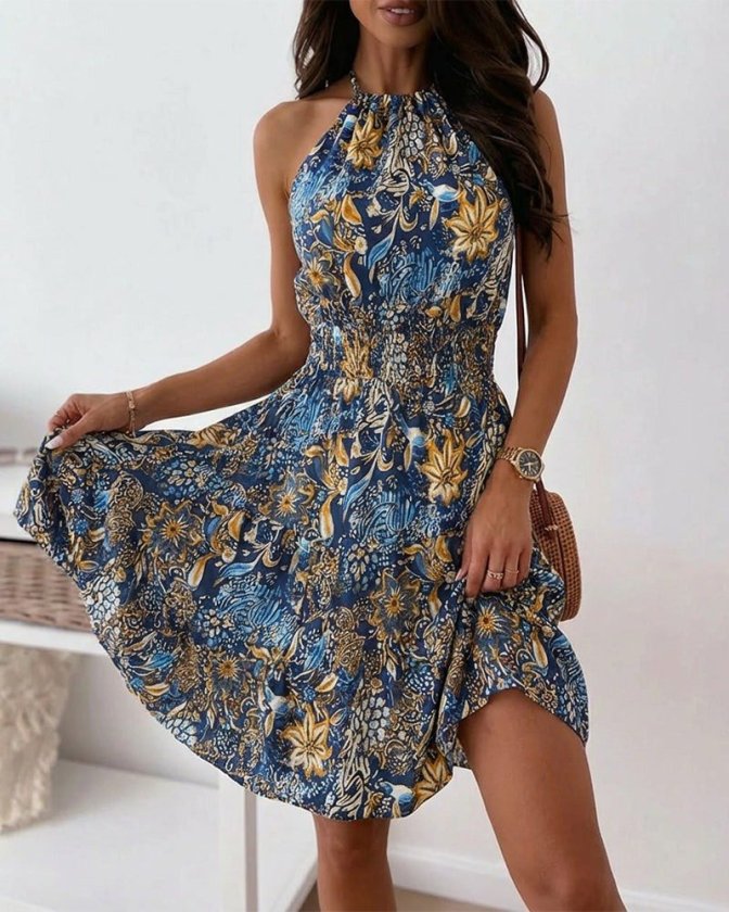 Kadın Omuzlardan Açık Beli Lastikli Desenli Kısa Süprem Elbise, 33232