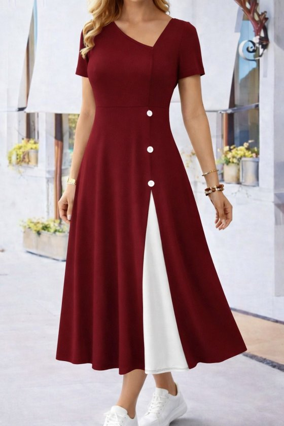 Kadın Kısa Kollu Asimetrik Yakalı Düğme Detaylı Midi Viskon Elbise , 33238