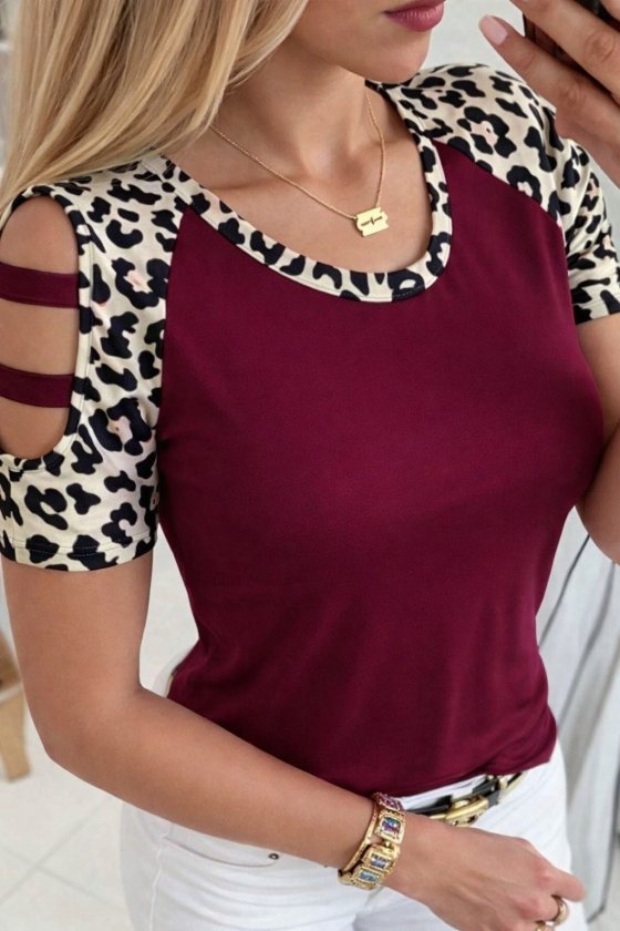 Kadın Kısa Kollu Yuvarlak Yaka Kollarda şerit Detaylı Leoparlı Viskon Bluz , 33250