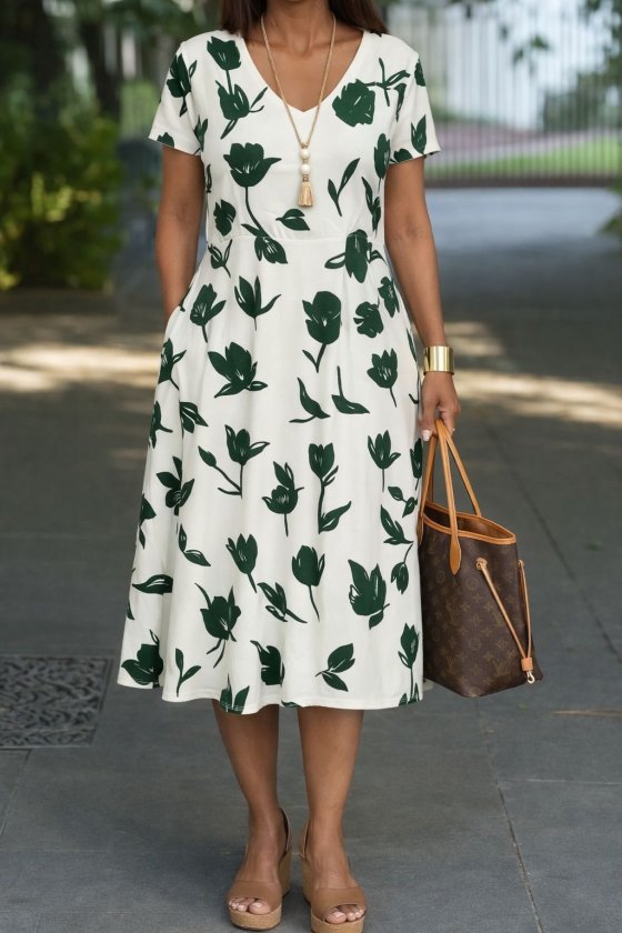 Kadın Kısa Kollu V Yakalı Cep Detaylı Desenli Süprem Elbise , 33266