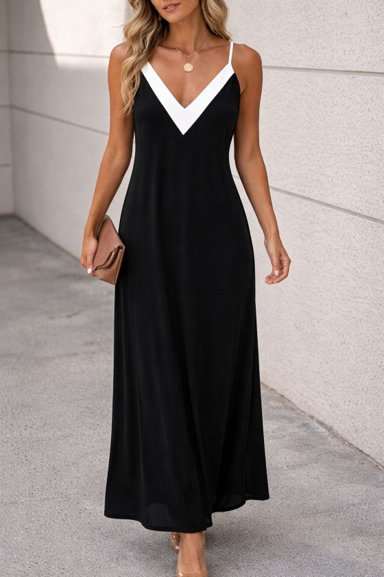 Kadın Ip Askılı Keskin V Yakalı Uzun Viskon Elbise, 33281