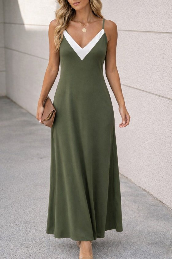 Kadın Ip Askılı Keskin V Yakalı Uzun Viskon Elbise, 33283