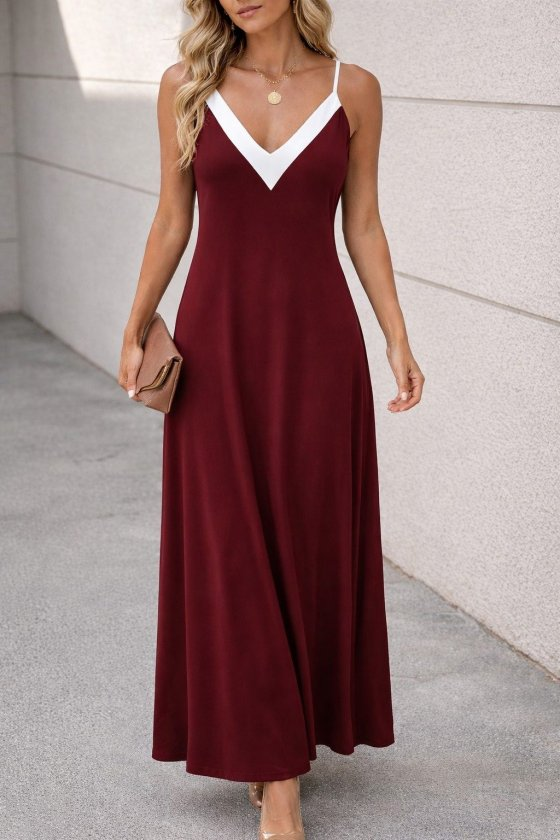 Kadın Ip Askılı Keskin V Yakalı Uzun Viskon Elbise, 33284