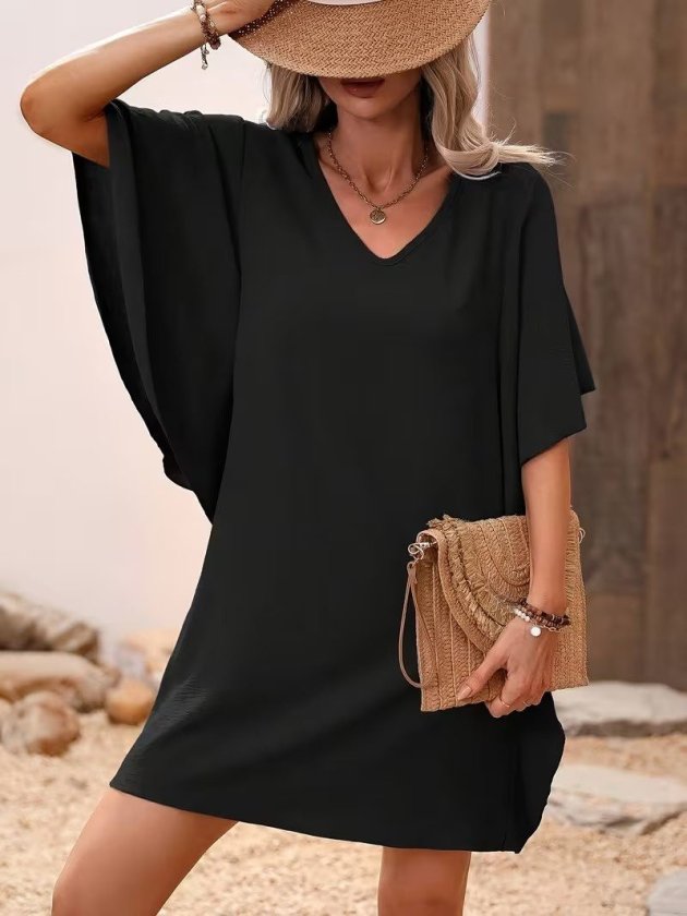 Kadın Kısa Kollu V Yakalı Yanları Volanlı Kısa Ithal Krep Elbise , 33312