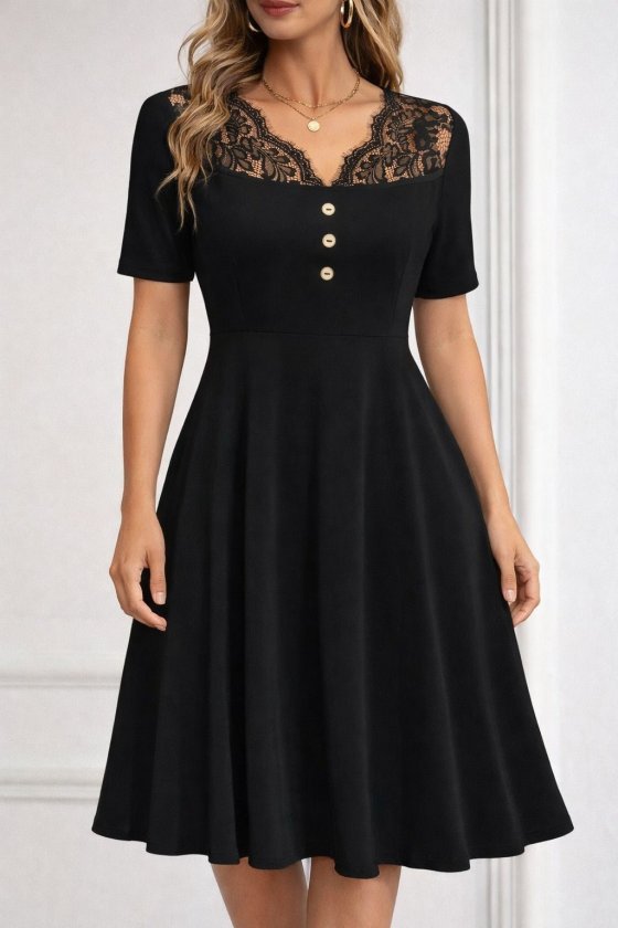 Kadın Kısa Kollu Dantel V Yakalı Düğmeli Kısa Janjan Krep Elbise , 33313