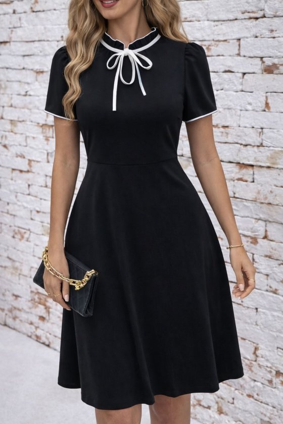 Kadın Kısa Kollu Yakadan Bağcıklı Ve Fırfırlı Midi Janjan Krep Elbise , 33314