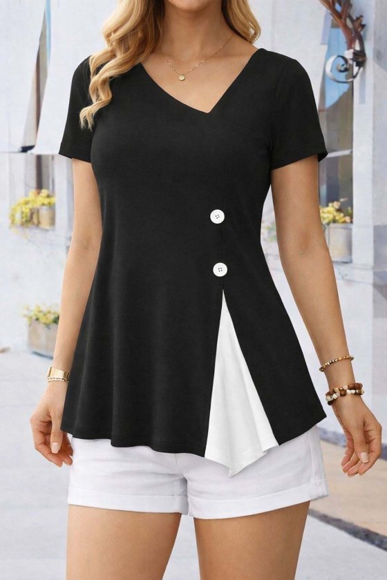 Kadın Kısa Kollu Asimetrik V Yakalı Düğme Detaylı Viskon Bluz , 33343