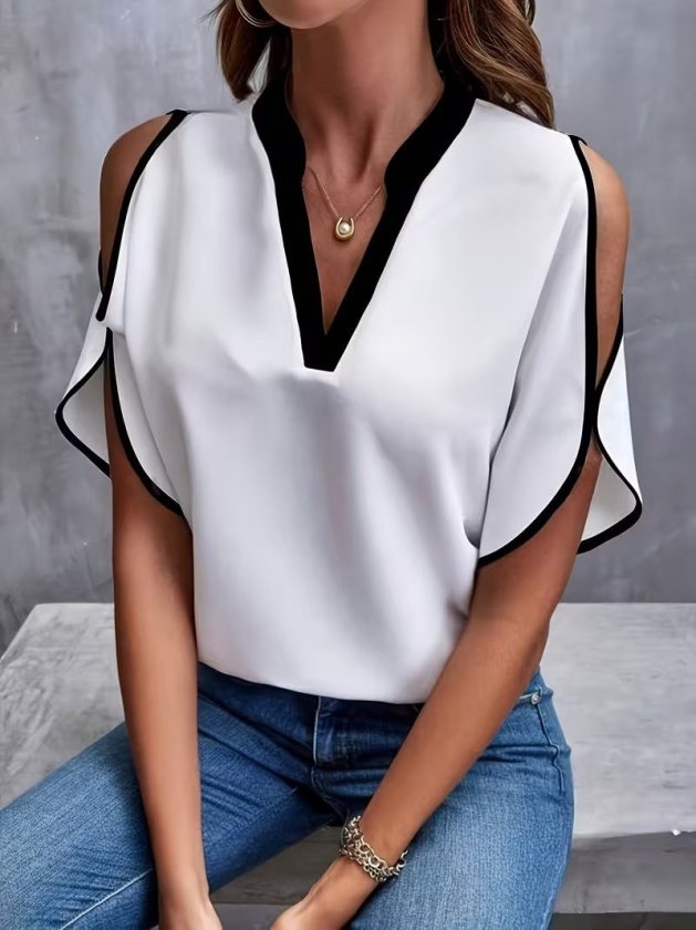 Kadın Kısa Kollu V Yakalı Ithal Krep Bluz , 33361