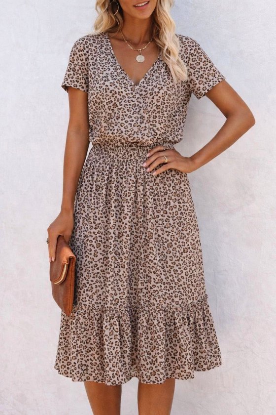 Kadın Kısa Kollu V Yakalı Beli Lastikli Midi Süprem Elbise , 33374