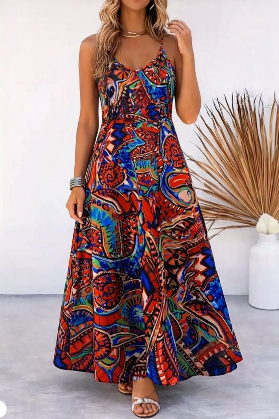 Kadın Askılı V Yakalı Desenli Uzun Süprem Elbise, 33385