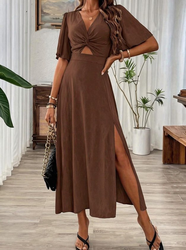 Kadın Kısa Kollu V Yakalı Beli Lastikli Yırtmaçlı Uzun Leopar Desenli Süprem Elbise , 33396