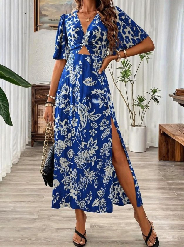 Kadın Kısa Kollu V Yakalı Beli Lastikli Yırtmaçlı Uzun Leopar Desenli Süprem Elbise , 33397