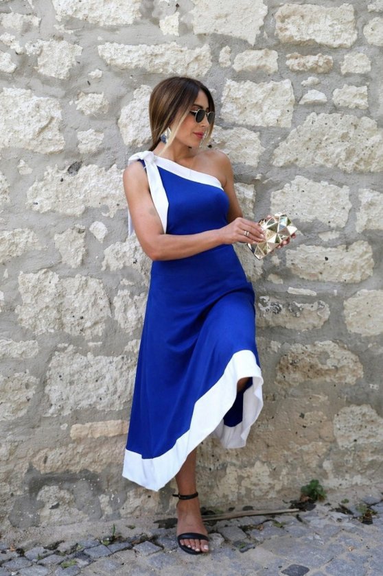 Kadın Tek Omuzu Açık Omuzlardan Kurdela Detaylı çift Renkli Ithal Krep Elbise , 33435