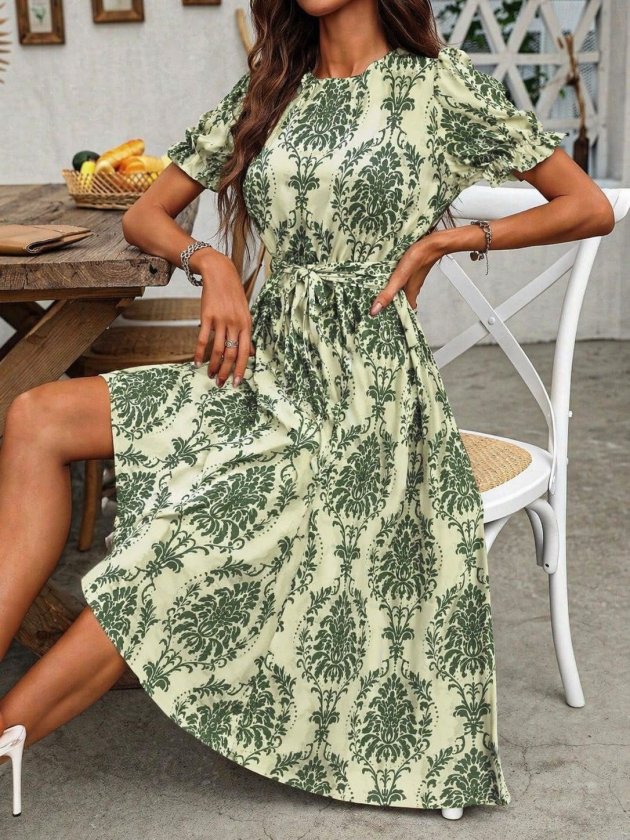 Kadın Kısa Kollu Yakalı Belden Kuşaklı Leopar Desenli Midi Süprem Elbise , 33457