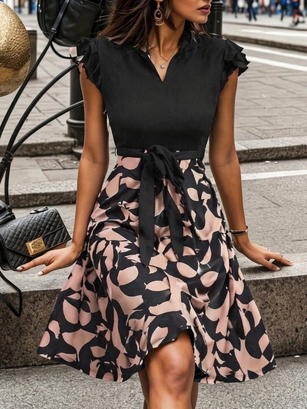 Kadın Kısa Kollu Kolu Fırfır Detay Mini Kuşaklı Kloş Krep Elbise, 33460