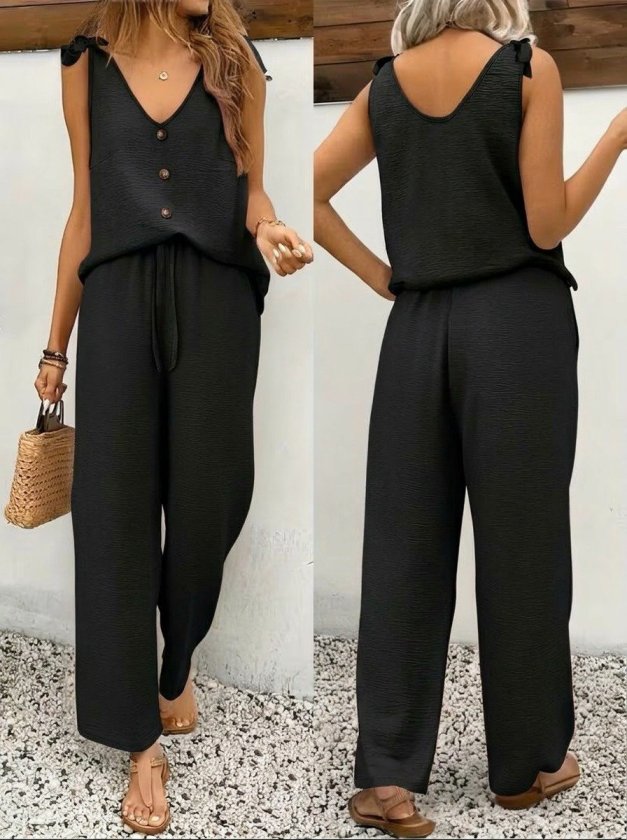 Kadın Askılı V Yakalı Onu Düğmeli Omuzu Fiyonklu Aerobin Bluz Ve Pantolon Ikili Takım, 33469