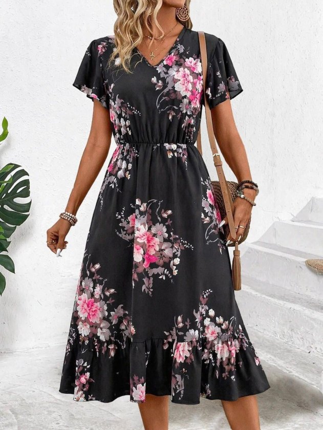 Kadın Kısa Kollu V Yakalı Desenli Midi Süprem Elbise, 33474