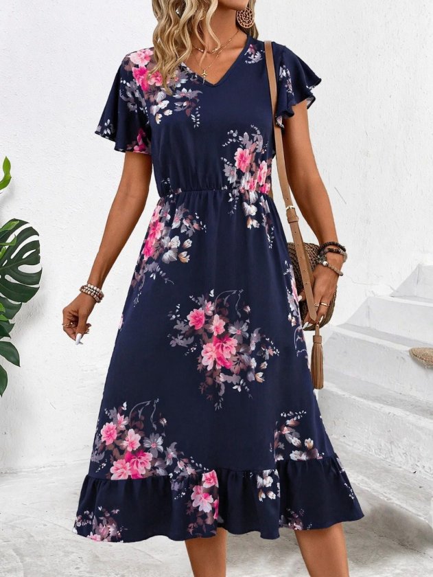 Kadın Kısa Kollu V Yakalı Desenli Midi Süprem Elbise, 33476