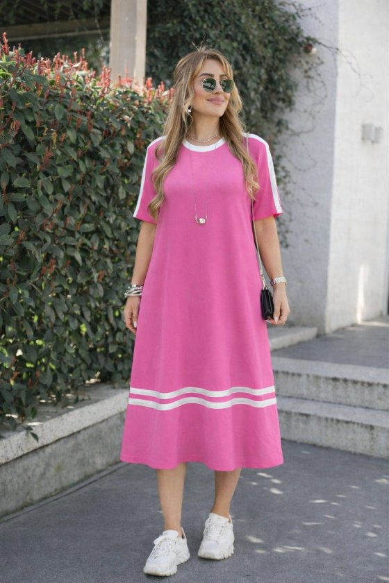 Kadın Kısa Kollu Bisiklet Yaka şerit Detaylı Midi Viskon Elbise, 33485