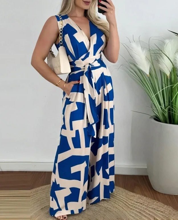 Kadın Askılı Kruvaze Yakalı Belden Kuşaklı Uzun Desenli Süprem Tulum, 33518