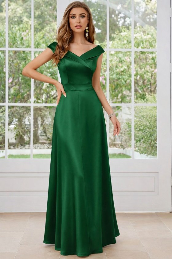 Kadın Kısa Kollu Kruvaze Yakalı Uzun Saten Elbise, 33534