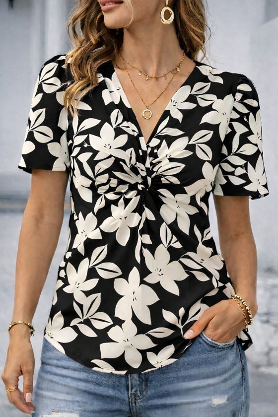 Kadın Kısa Kollu V Sarmal Yakalı çiçek Desenli Süprem Bluz, 33540