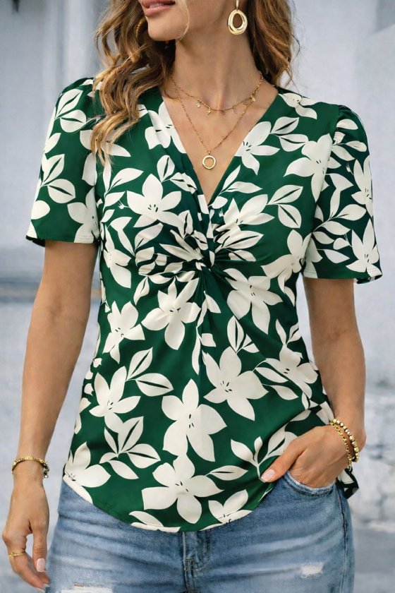 Kadın Kısa Kollu V Sarmal Yakalı çiçek Desenli Süprem Bluz, 33541