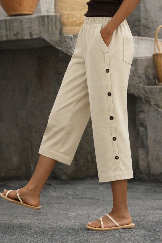 Kadın Yüksel Bel Lastikli Yandan Dügme Detaylı Midi Pantolon, 33561